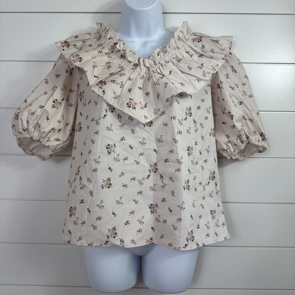 Tuckernuck Hyacinth House Ruffle Blouse Shirt Cream Pink Floral Print sz M
